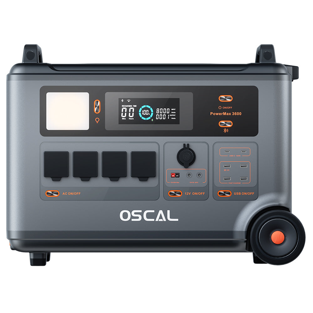Blackview Oscal PowerMax 6000 Centrale électrique robuste, 6000W, batterie LiFePO4 de 3600Wh à 57600Wh, 14 prises, sortie double tension 120V/240V, 3500+ Life Circle, contrôle intelligent par application, 5 modes d'éclairage LED, signal en code Morse
