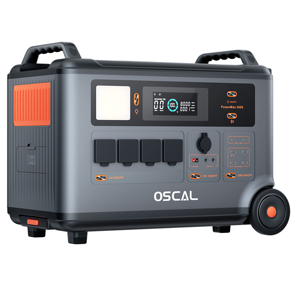 Blackview Oscal PowerMax 6000 Centrale électrique robuste, 6000W, batterie LiFePO4 de 3600Wh à 57600Wh, 14 prises, sortie double tension 120V/240V, 3500+ Life Circle, contrôle intelligent par application, 5 modes d'éclairage LED, signal en code Morse