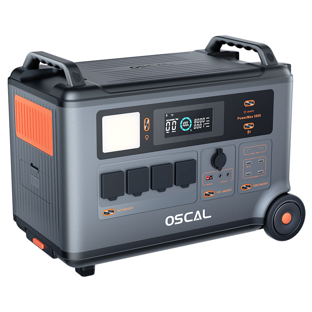 Blackview Oscal PowerMax 6000 Centrale électrique robuste, 6000W, batterie LiFePO4 de 3600Wh à 57600Wh, 14 prises, sortie double tension 120V/240V, 3500+ Life Circle, contrôle intelligent par application, 5 modes d'éclairage LED, signal en code Morse