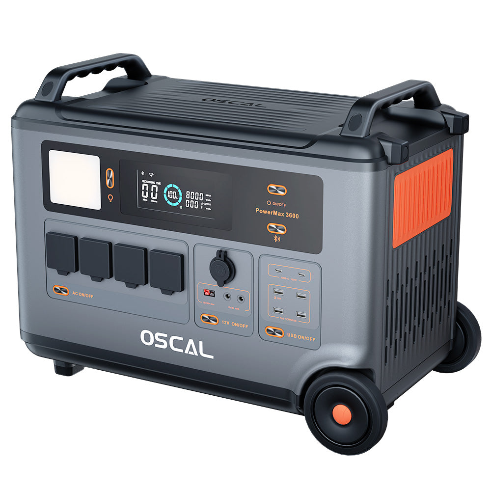 Blackview Oscal PowerMax 6000 Centrale électrique robuste, 6000W, batterie LiFePO4 de 3600Wh à 57600Wh, 14 prises, sortie double tension 120V/240V, 3500+ Life Circle, contrôle intelligent par application, 5 modes d'éclairage LED, signal en code Morse